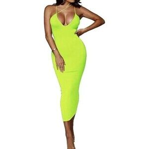 PRIMODA Women's Bodycon Midi Club Dress MEDIUM Neon-Green Deep V-Neck Sleeveless